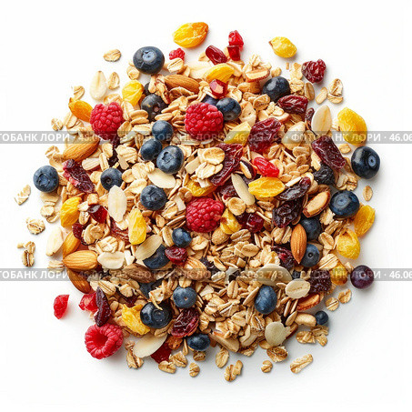 Rolled oats, dry fruits, nuts and berries creating appealing breakfast muesli mix. Стоковое AI-изображение, AI-художник Иван Рябоконь / Фотобанк Лори