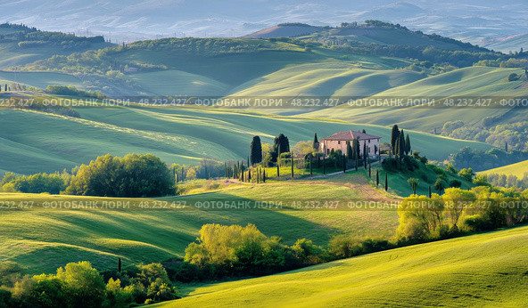 Rolling Green Hills With a Villa Nestled in the Tuscan Countryside During the Afternoon Light. Стоковое AI-изображение, AI-художник Юлия Гапеенко / Фотобанк Лори