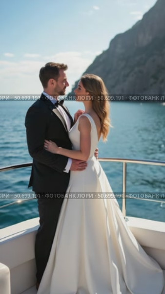 Romantic Couple on a Yacht in Blue Waters, Showcasing Love Against a Stunning Coast. wedding, Luxury Travel, Event Planning. Стоковое AI-видео, аниматор Sergey Grishin / Фотобанк Лори