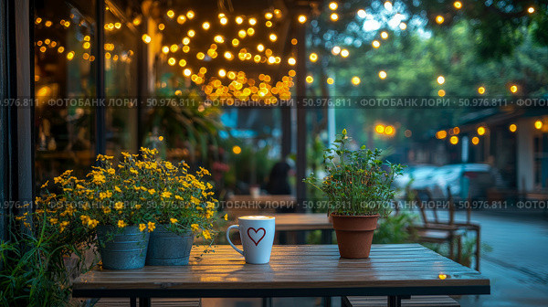 Romantic Evening at a Coffee Shop: A Cozy Table Setting with Flowers and a Heart-Shaped Latte Mug. Стоковое AI-изображение, AI-художник Данила Большаков / Фотобанк Лори