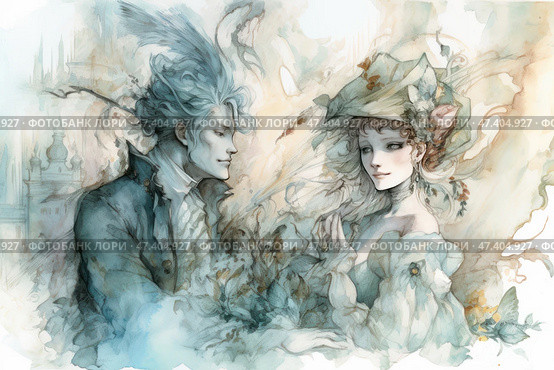 Romantic watercolor illustration in the style of the Rococo era. In the center of the composition is an elegant couple: a young man with a hairstyle and clothes of the 18th century and a refined lady in a lush hat decorated with flowers and ribbons. Their outfits are refined, rich in details, and their facial expressions convey softness, interest and slight melancholy. The background is filled with abstract architectural and natural elements, creating an atmosphere of fabulous antiquity and subtle sophistication. The color palette is delicate pastel shades, with a predominance of blue, cream and gold. Стоковое AI-изображение, AI-художник Анна Кривицкая / Фотобанк Лори