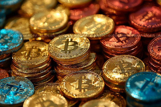 Россыпь разноцветных монет биткоинов (bitcoins) Стоковое AI-изображение, AI-художник Бродовой Дмитрий / Фотобанк Лори