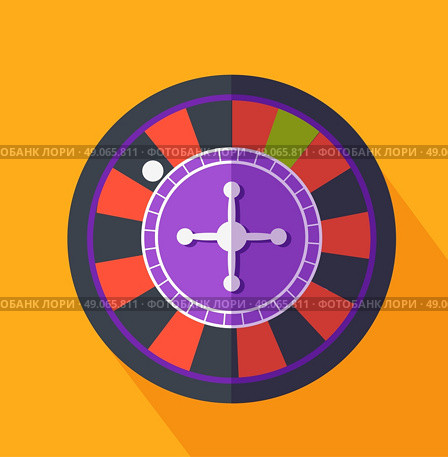 Roulette flat design on background. Casino and roulette wheel, gambling luck, fortune and bet, risk and leisure, jackpot chance, gamble round illustration. Стоковая иллюстрация, агентство Ingram Publishing / Фотобанк Лори