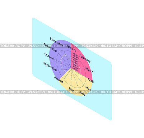 Round calendar with twelve months, diagonal orientation of almanac, print template menology on blue rectangle. Circle planner starts January vector. Round Calendar with Twelve Months, Diagonal Vector. Стоковая иллюстрация, агентство Ingram Publishing / Фотобанк Лори