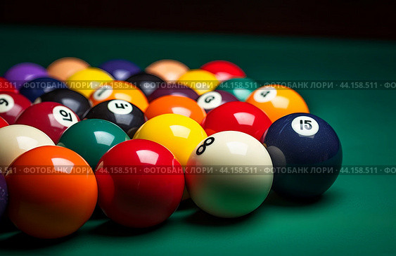 Round Many colorful billiard balls and cue. Generate Ai. Стоковое AI-изображение, AI-художник Иван Рябоконь / Фотобанк Лори
