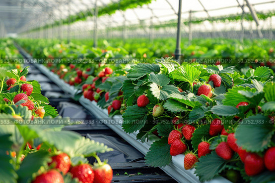 Rows of strawberry plants growing in greenhouse using hydroponics. Стоковое AI-изображение, AI-художник Иван Рябоконь / Фотобанк Лори