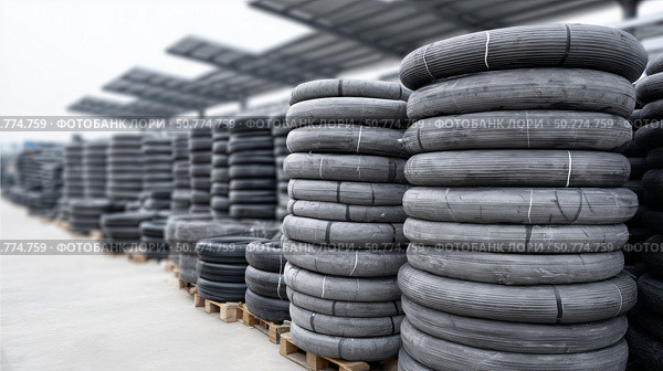 Rubber tires stored in a warehouse, showcasing organized stacking efficiency. Стоковое AI-изображение, AI-художник Katsiaryna Repich / Фотобанк Лори