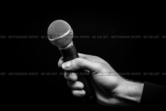 Рука с микрофоном на чёрном фоне. Стоковое AI-изображение, AI-художник Александр Жуков / Фотобанк Лори