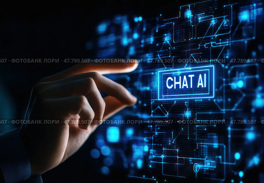 Рука указывает на экран со словом "Чат", выделенным синим цветом. Стоковое AI-изображение, AI-художник Ярославский Максим / Фотобанк Лори