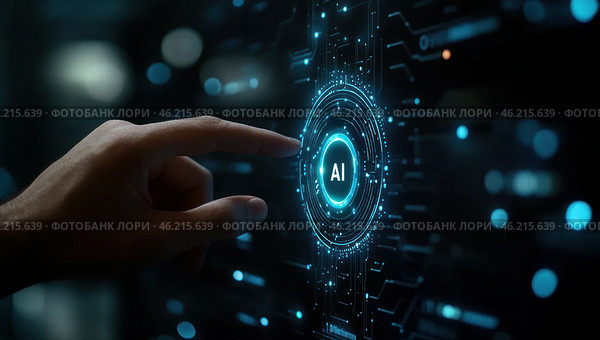 Рука, указывающая на синий круг с буквами AI на нем. Стоковое AI-изображение, AI-художник Ярославский Максим / Фотобанк Лори