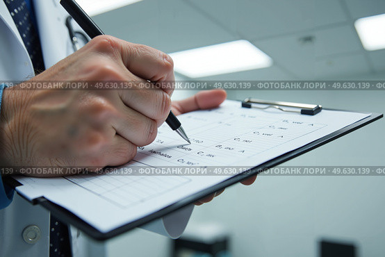 Рука врача, заполняющего медицинскую карту / The doctor's hand filling out the medical record. Стоковое AI-изображение, AI-художник Валерий Лукин / Фотобанк Лори