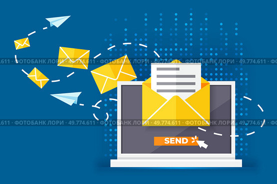 Running email campaign, e-mail advertising, direct digital marketing. Concept with letter in envelope flying from computer screen. Internet advertisement, online promotion. Sign up to mailing list. Running email campaign, e-mail advertising, direct digital marketing. Sign up to mailing list. Стоковая иллюстрация, агентство Ingram Publishing / Фотобанк Лори