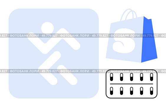 Running figure in a blue square, a blue shopping bag with white S, and a black and white battery icon. Ideal for fitness, shopping, electronics, transportation, and energy themes. Simple, clean. Running Figure with Grocery Bag and Battery, Simplistic and Functional Design. Стоковая иллюстрация, агентство Ingram Publishing / Фотобанк Лори