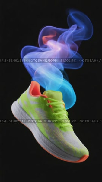 Running shoes with colorful smoke trails on black background. Стоковое AI-видео, аниматор Юрий Поздников / Фотобанк Лори