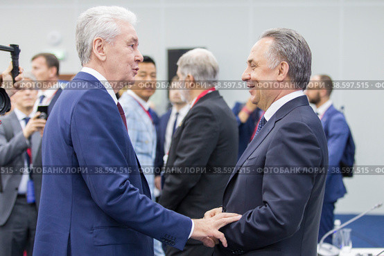 Russia. Saint-Petersburg. XXIII St. Petersburg International Economic Forum 2019. SPIEF 2019 participants. Moscow Mayor Sergei Sobyanin and Deputy Prime Minister of the Russian Federation Vitaly Mutko. Россия. Санкт-Петербург. XXIII Петербургский международный экономический форум 2019. Участники ПМЭФ-2019. Мэр Москвы Сергей Собянин и заместитель председателя правительства Российской Федерации Виталий Мутко. Редакционное фото, фотограф Алексей Смышляев / Фотобанк Лори