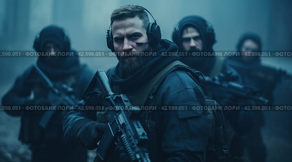 russian spies from group of men with guns in dark gloomy area. Стоковое AI-изображение, AI-художник Юлия Гапеенко / Фотобанк Лори