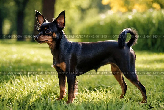 Russian toy Terrier dog sitting on lawn. Close up of tame dog of toy Terrier breed running on grass in nature. Purebred small pocket Pets. Walking Pets in Park. Стоковое AI-изображение, AI-художник Aleksandr Golubev / Фотобанк Лори