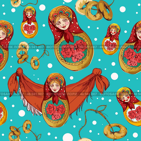 Russian traditional matryoshka folk doll seamless pattern vector illustration. Стоковая иллюстрация, агентство Ingram Publishing / Фотобанк Лори