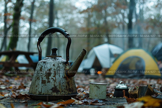 Rustic camping scene with weathered kettle and tents. Стоковое AI-изображение, AI-художник Иван Рябоконь / Фотобанк Лори