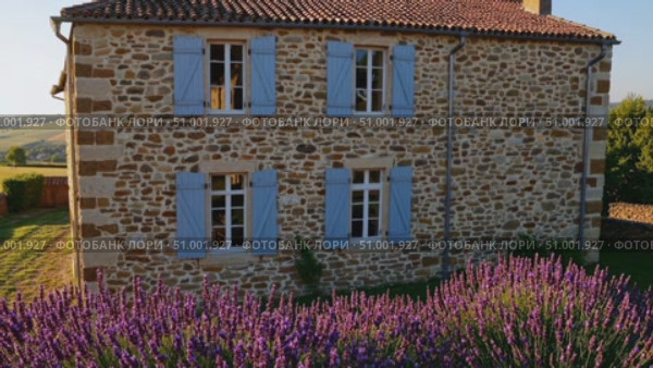 Rustic stone dwelling featuring azure wooden shutters, nestled among blooming lavender fields with panoramic views across rolling Provencal landscape. Стоковое AI-видео, аниматор Данил Руденко / Фотобанк Лори