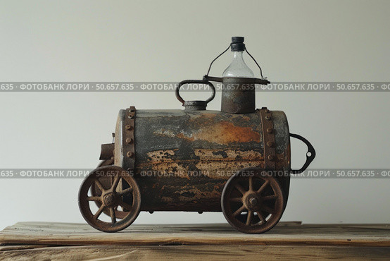 Rusty toy train crafted from recycled materials evokes nostalgia. Стоковое AI-изображение, AI-художник Иван Рябоконь / Фотобанк Лори
