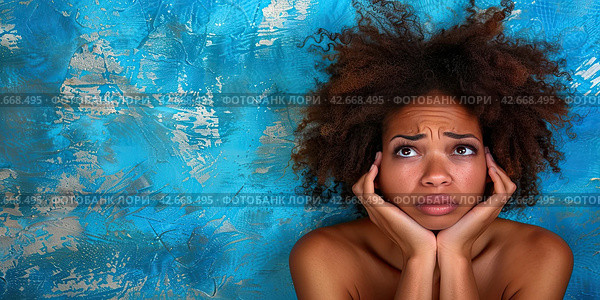 Sad African American girl with curly hair on her head. She put her hands under her chin. Blue background. Place for the inscription. Стоковое AI-изображение, AI-художник Ярославский Максим / Фотобанк Лори