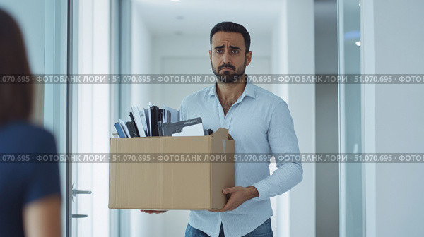 Sad man holding box of office belongings after job loss, walking through corporate hallway with disappointed expression, symbolizing unemployment and career transition. Стоковое AI-изображение, AI-художник Катерина Бондарец / Фотобанк Лори