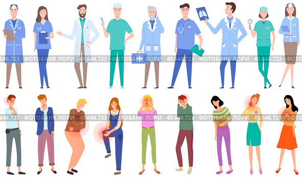 Sad people suffering from severe pain. Painful sensations of sick characters. Medical specialists treating various diseases. Doctors and patients with sore body parts isolated on white background. Medical specialists treating various diseases. People with sore body suffering from severe pain. Стоковая иллюстрация, агентство Ingram Publishing / Фотобанк Лори