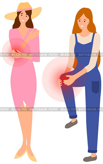 Sad women suffering from pain in joints of arm and leg. Patients touching their sore body parts. Painful sensations of sick people. Female characters grabs their hands to sore knee and elbow. People holding their sore knee and elbow. Sad women suffering from pain in joints of arm and leg. Стоковая иллюстрация, агентство Ingram Publishing / Фотобанк Лори