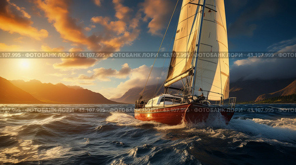 Sailboat Sailing on a Body of Water. Стоковое AI-изображение, AI-художник Юлия Гапеенко / Фотобанк Лори