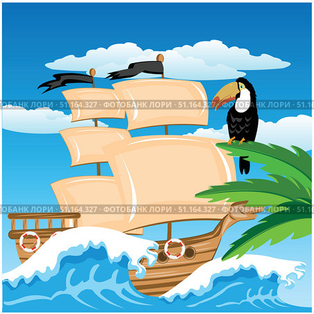 Sailing nave in tropic. Стоковая иллюстрация, иллюстратор Шипицин Евгений Витальевич / Фотобанк Лори