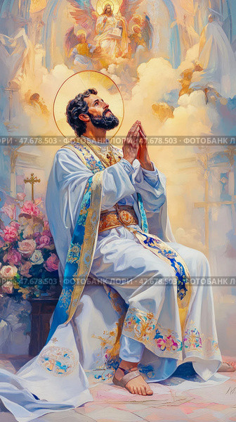 Saint's Supplication: A Divine Plea for Guidance and Grace in the Celestial Realm, a devotion artwork for inspiration and contemplation. Стоковое AI-изображение, AI-художник Данила Большаков / Фотобанк Лори