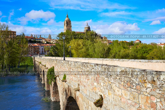 Salamanca skyline and roman bridge over Tormes river in Spain. Стоковое фото, агентство Ingram Publishing / Фотобанк Лори