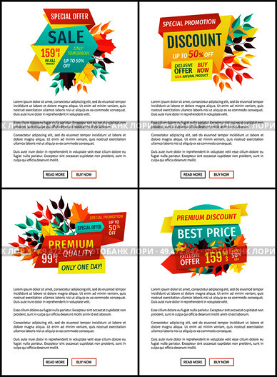 Sale discount premium quality natural products only one day. Posters set with banners autumnal proposals off price seasonal shopping reduction vector. Sale Discount Premium Quality Vector Illustration. Стоковая иллюстрация, агентство Ingram Publishing / Фотобанк Лори