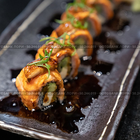 Salmon Foie gras roll, Fusion Japanese Cuisine food. Стоковое фото, агентство Ingram Publishing / Фотобанк Лори