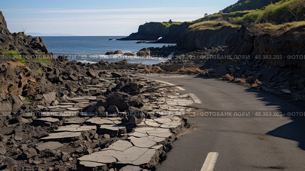 saltwater crumbling road ai generated. Стоковое AI-изображение, AI-художник Vectorwin / Фотобанк Лори