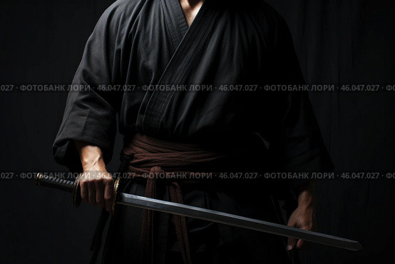 Samurai warrior holding katana sword in traditional clothing. Стоковое AI-изображение, AI-художник Иван Рябоконь / Фотобанк Лори