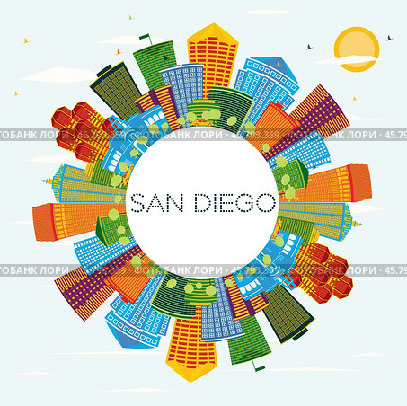 San Diego California City Skyline with Color Buildings, Blue Sky and Copy Space. Стоковая иллюстрация, иллюстратор Игорь Сорокин / Фотобанк Лори
