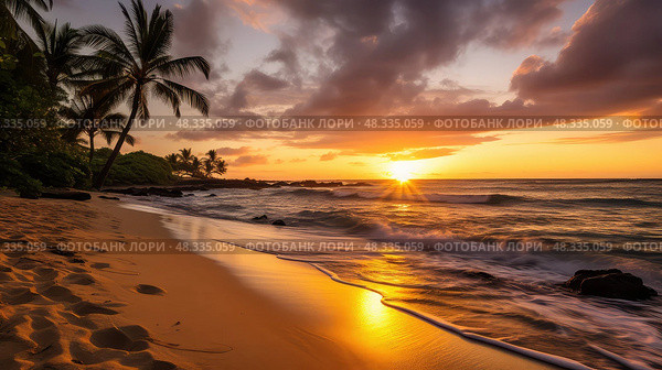 sand sunsets palm trees beach ai generated. Стоковое AI-изображение, AI-художник Vectorwin / Фотобанк Лори