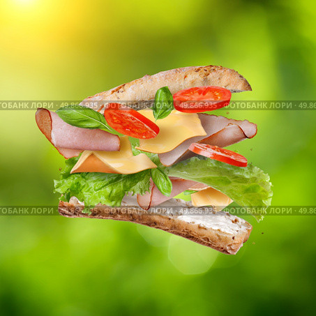 Sandwich with falling ingredients in the air against natural green background - slices of fresh tomatoes, ham, cheese and lettuce. Стоковое фото, агентство Ingram Publishing / Фотобанк Лори