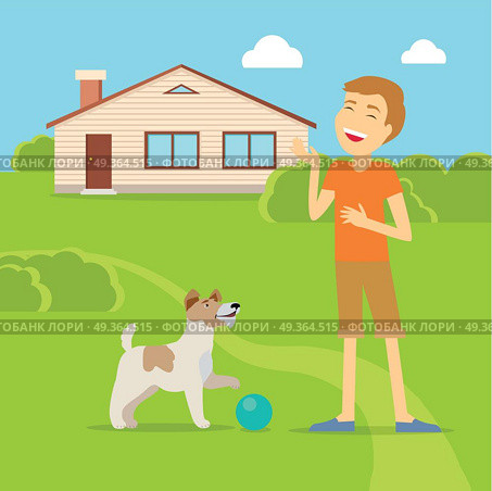 Sanguine Temperament Type Boy with Dog.. Sanguine temperament type boy playing on the yard with his adorable dog. Happy and cheerful man having fun with pet. Optimistic and social person near native home. Vector illustration in flat style. Стоковая иллюстрация, агентство Ingram Publishing / Фотобанк Лори