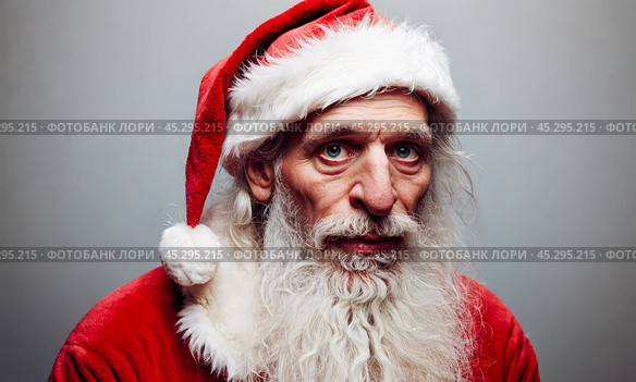 Santa Claus, visibly tired from festive season duties, candid image capturing holiday weariness, slump indicative of exhaustion after spreading joy. Стоковое AI-изображение, AI-художник Павел Муравьев / Фотобанк Лори