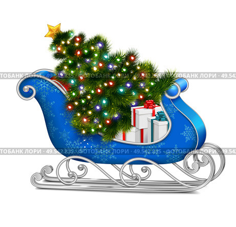 Santa sleigh with christmas tree realistic composition with isolated image of blue sleigh with gift boxes vector illustration. Стоковая иллюстрация, агентство Ingram Publishing / Фотобанк Лори
