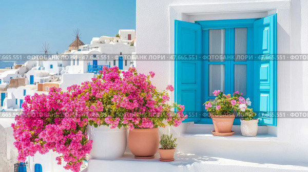Santorini Dream: A vibrant bougainvillea and bright blue shutters frame a glimpse of a whitewashed village in Greece, inviting a summer escape. Стоковое AI-изображение, AI-художник Данила Большаков / Фотобанк Лори