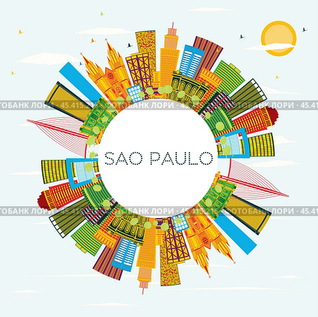 Sao Paulo Brazil City Skyline with Color Buildings, Blue Sky and Copy Space. Стоковая иллюстрация, иллюстратор Игорь Сорокин / Фотобанк Лори