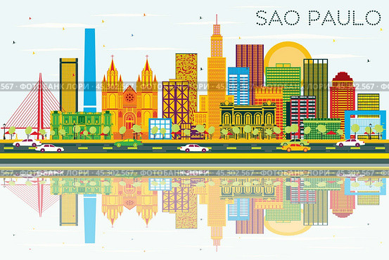 Sao Paulo Skyline with Gray Buildings, Blue Sky and Reflections. Стоковая иллюстрация, иллюстратор Игорь Сорокин / Фотобанк Лори