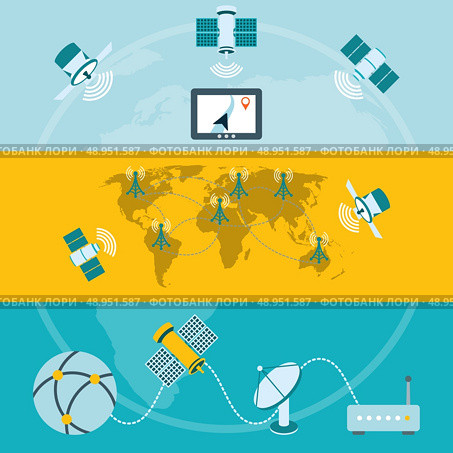 Satellite icons composition of global navigation ground stations and dish communication technology banners flat isolated vector illustration. Стоковая иллюстрация, агентство Ingram Publishing / Фотобанк Лори