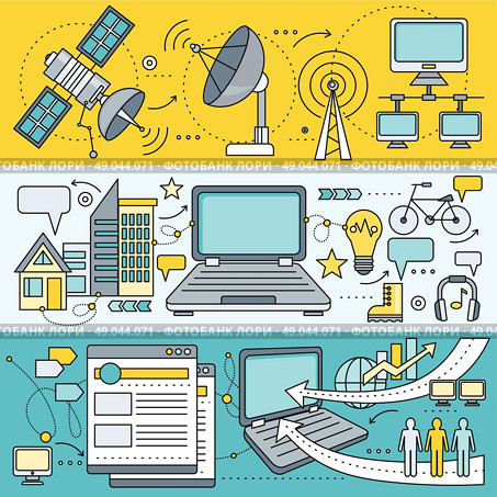 Satellite internet global network providers. Technology wireless, interconnection web, traffic online, connection and communication, wifi webpage, flow information, worldwide. Set of thin, lines icons. Стоковая иллюстрация, агентство Ingram Publishing / Фотобанк Лори