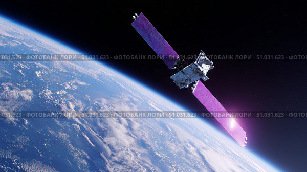 Satellite orbits Earth displaying technology and innovation in space exploration. Стоковое AI-изображение, AI-художник Сергей Толмачёв / Фотобанк Лори