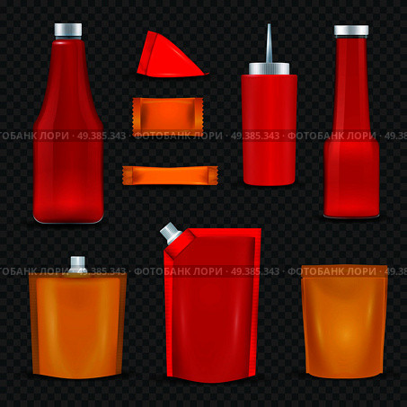 Sauce bottles dispensers squeeze pouch packages realistic red and yellow items black transparent background isolated vector illustration . Sauce Bottles Packages Transparent Background . Стоковая иллюстрация, агентство Ingram Publishing / Фотобанк Лори